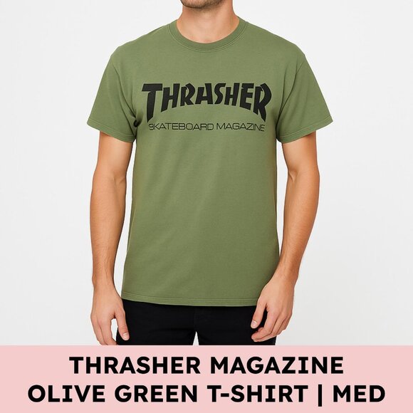 Thrasher Skateboard Magazine Olive Green Graphic Tee Skatecore Skate T-Shirt Siz - Picture 1 of 9